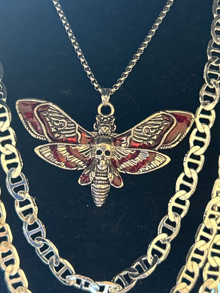 Gold-Tone Skull Moth Pendant Necklace