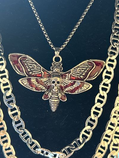 Gold-Tone Skull Moth Pendant Necklace