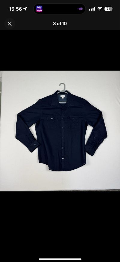 Calvin Klein Linen Blend Shirt Navy Long Sleeve Utility Pockets Smart L