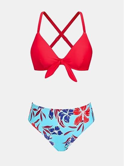 Red Bikini Set With Floral Bottoms image 3