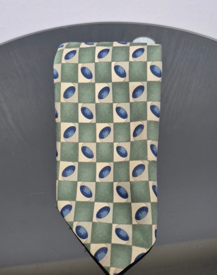 St Michael Vintage Tie Green Blue Checked Geometric Patterned Polyester Necktie image 6