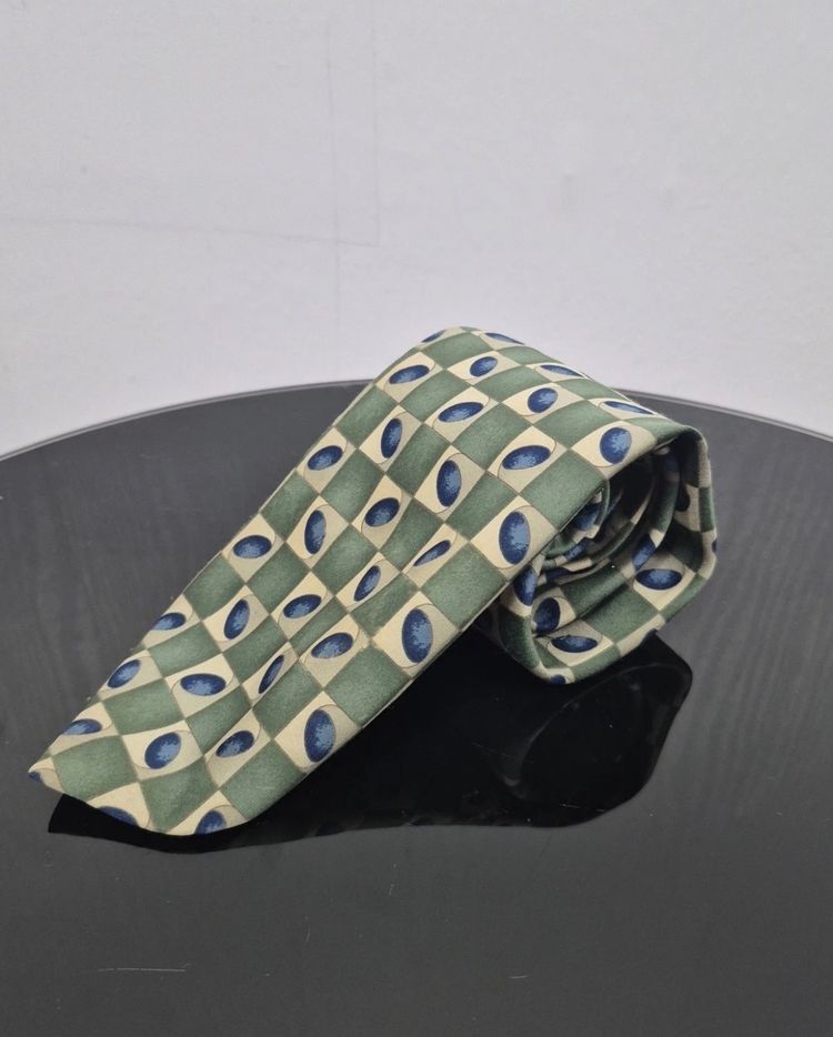 St Michael Vintage Tie Green Blue Checked Geometric Patterned Polyester Necktie image 7