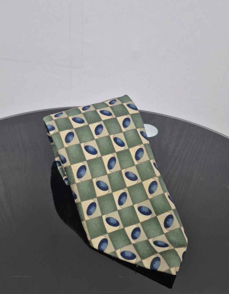 St Michael Vintage Tie Green Blue Checked Geometric Patterned Polyester Necktie