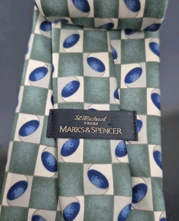 St Michael Vintage Tie Green Blue Checked Geometric Patterned Polyester Necktie image 3
