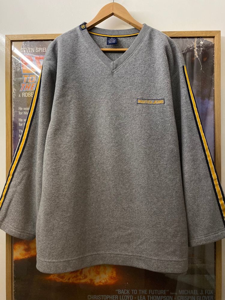 2000s Nautica Jeans Company Yellow Sleeve Striped Fleece Jumper imagen 2