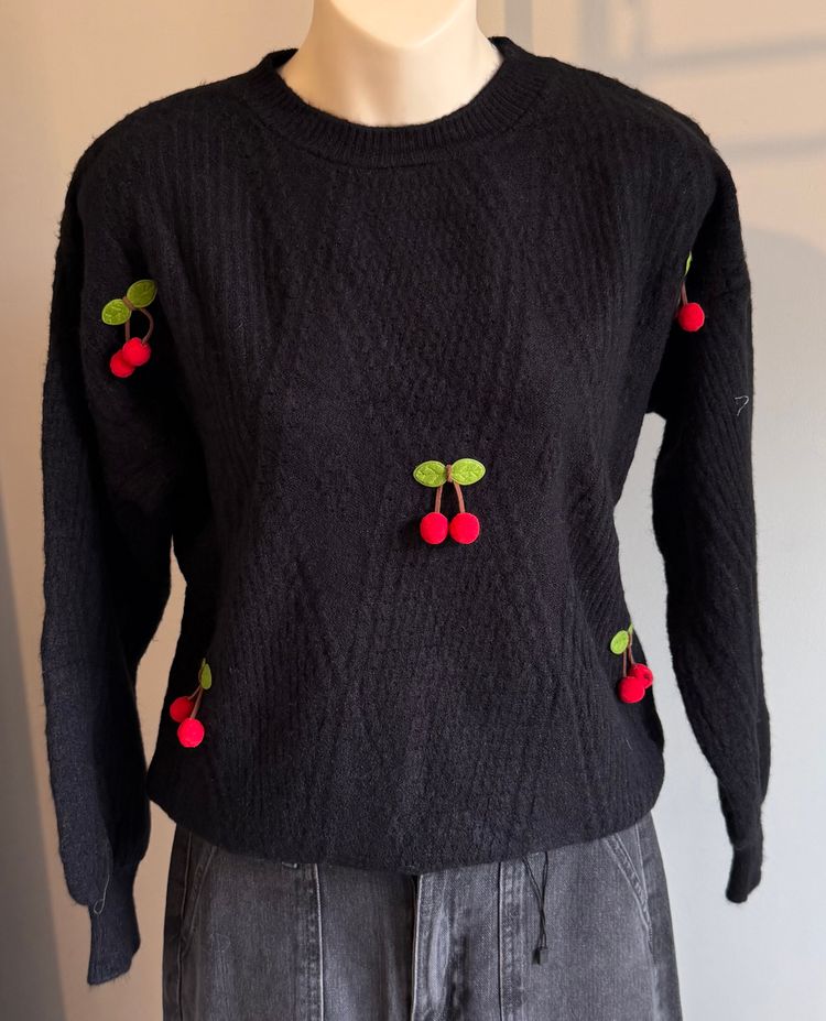Black Sweater With Cherry Embroidery