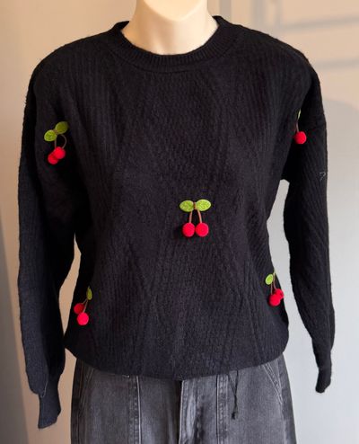 Black Sweater With Cherry Embroidery