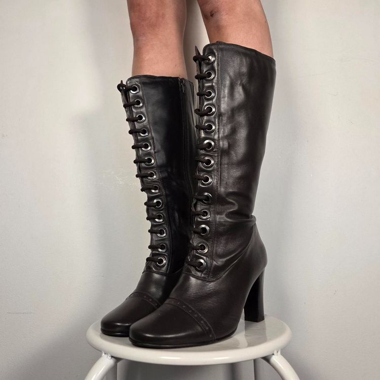 Dark brown Leather Lace-Up Heeled Boots