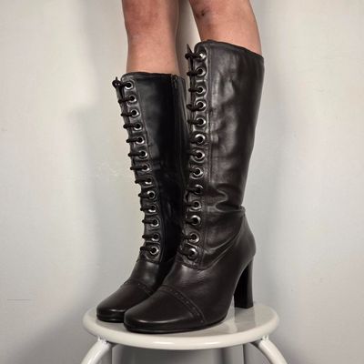 Dark brown Leather Lace-Up Heeled Boots