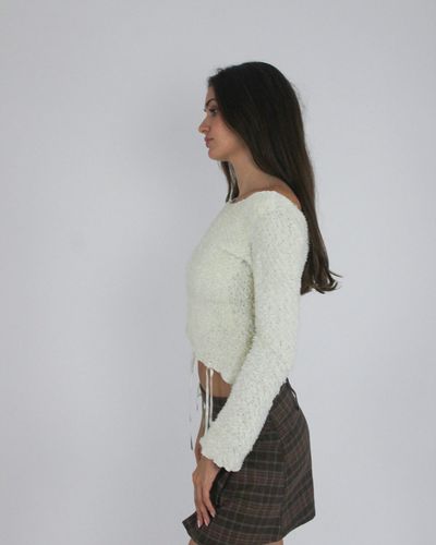 gossip girl drop | small cream lace-up fuzzy top with ribbon detail 4