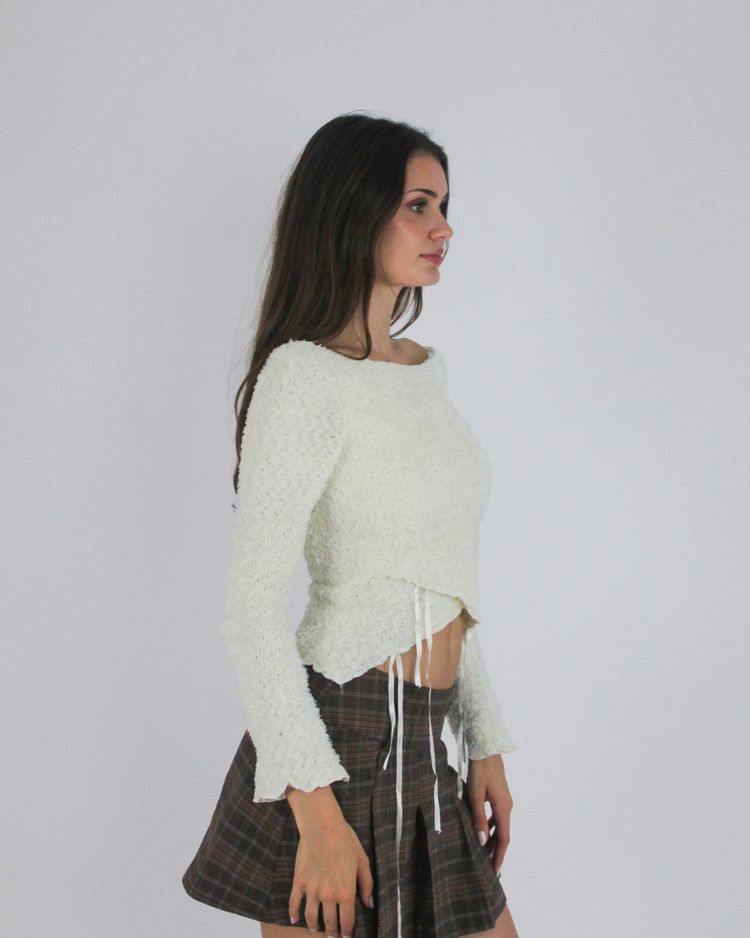 gossip girl drop | small cream lace-up fuzzy top with ribbon detail 5