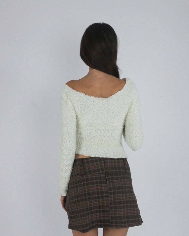 gossip girl drop | small cream lace-up fuzzy top with ribbon detail 3