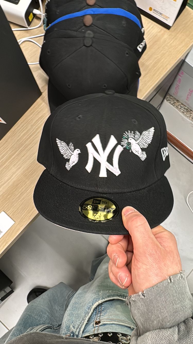 Black Baseball Cap With White Ny Logo And Dove Embroidery