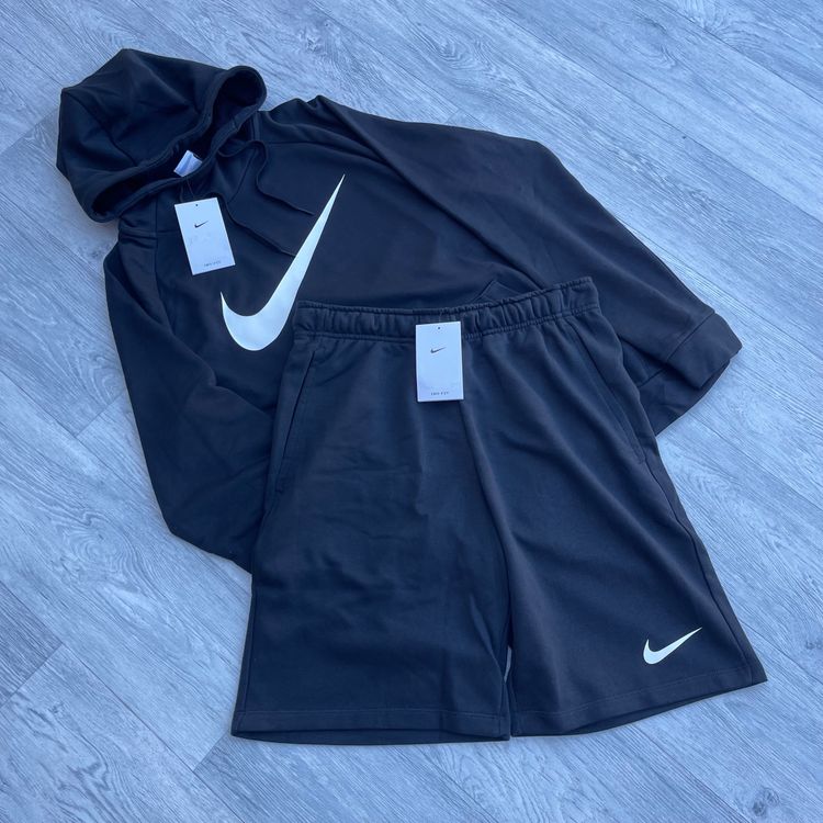 Nike Dry Dri Fit Swoosh Overhead Hoodie and Shorts Tracksuit Set - Black