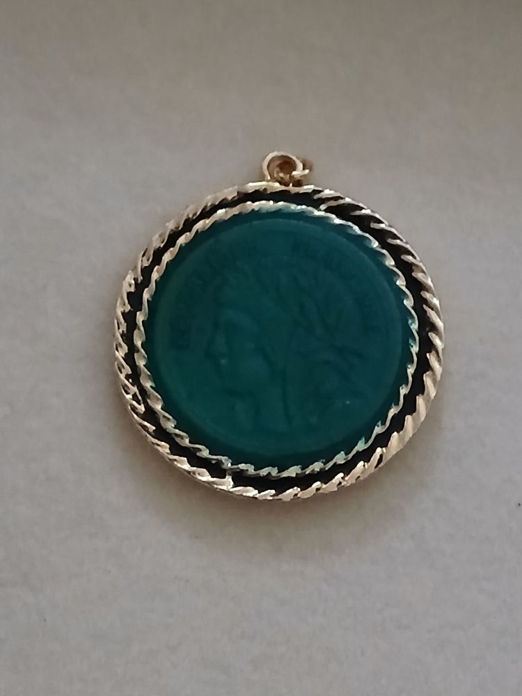 Vintage Emerald Green Glass 'République Française' Intaglio Coin Pendant image 1