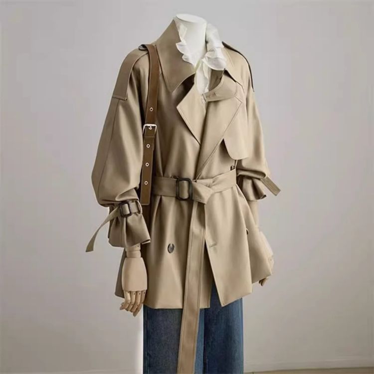Beige Belted Trench Coat With Ruffle Sleeves image 1