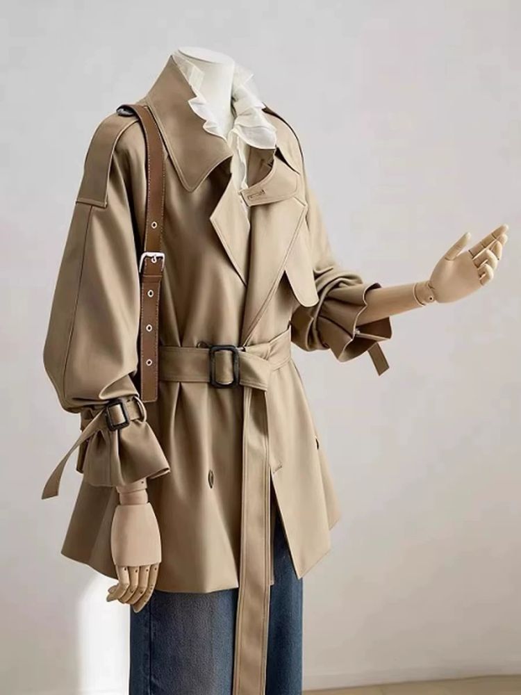 Immagine di Beige Belted Trench Coat With Ruffle Sleeves 2