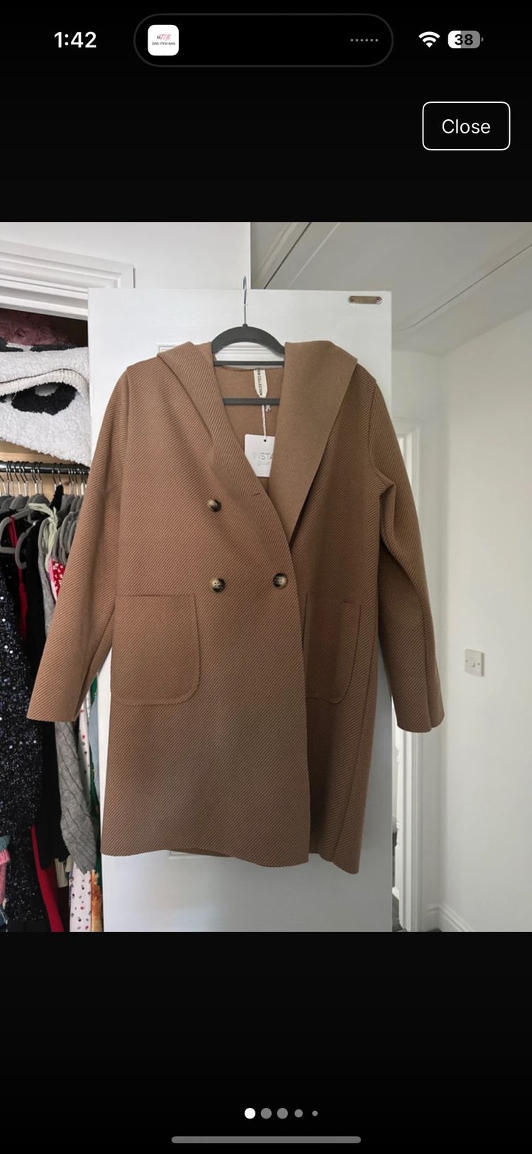 brown double-breasted coat with hood