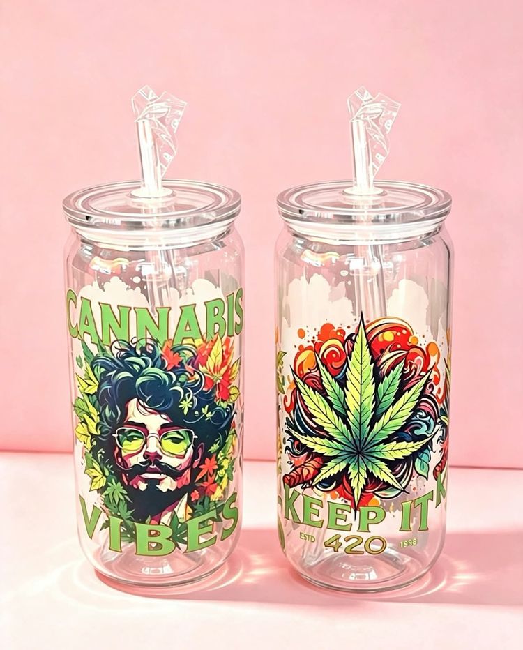 Clear Plastic Tumbler Set With Cannabis-Themed Designs