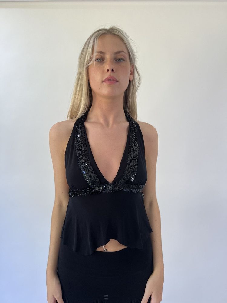 💚aquamarine drop | medium black halter top with sequin details image 1