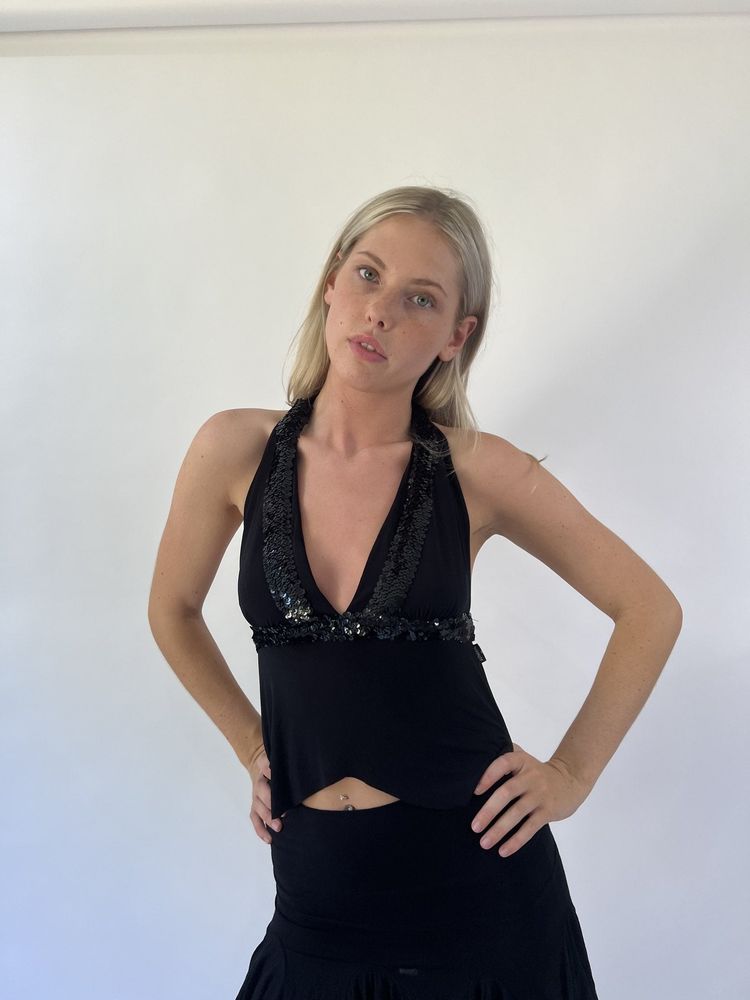 💚aquamarine drop | medium black halter top with sequin details image 5