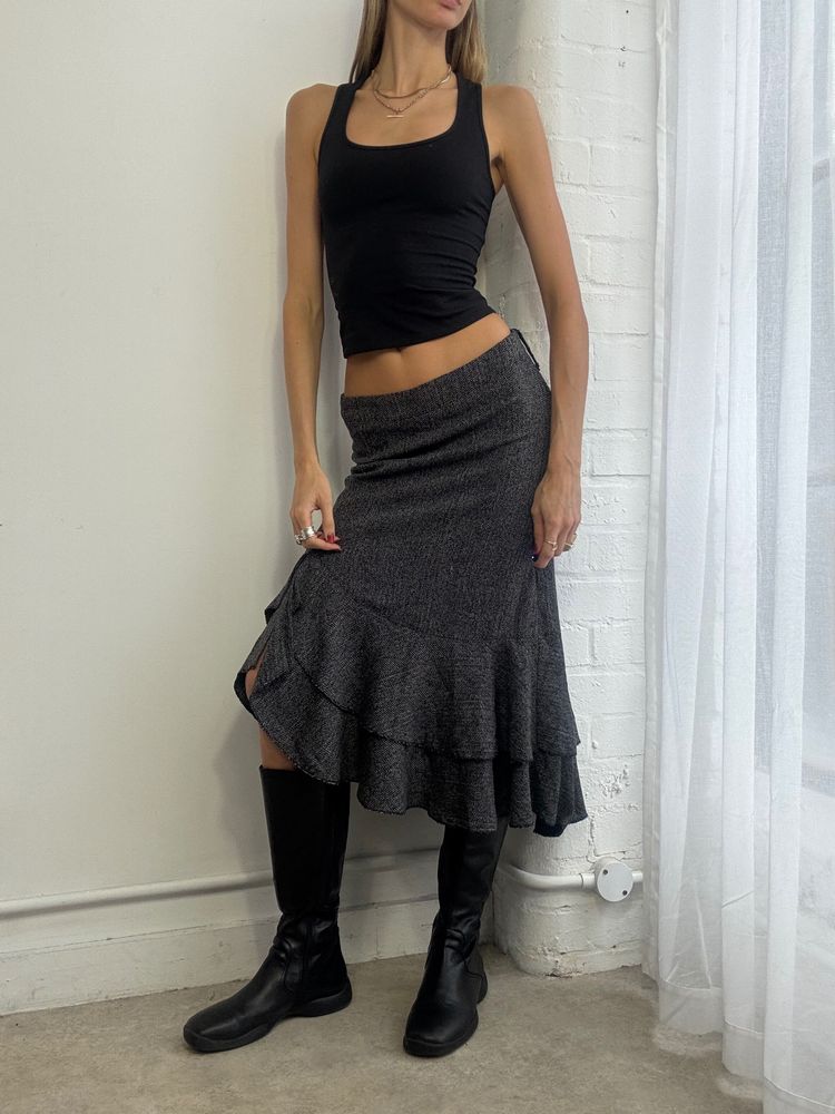 Dark Gray Ruffled Midi Skirt