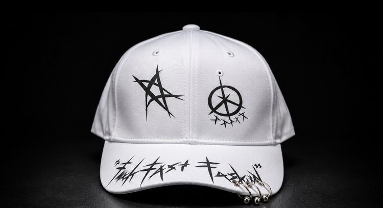 MLB White Baseball Cap With Black Graphic Designs And Metal Rings product image