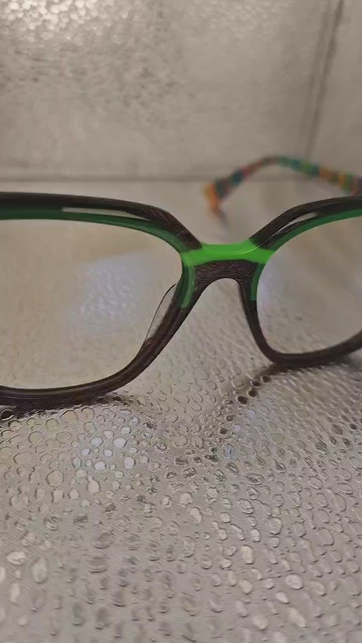 Brown Eyeglasses with Neon Green Accents and Rainbow Temples | Squared Acetate Frame Unisex | 56□18-148 image 1