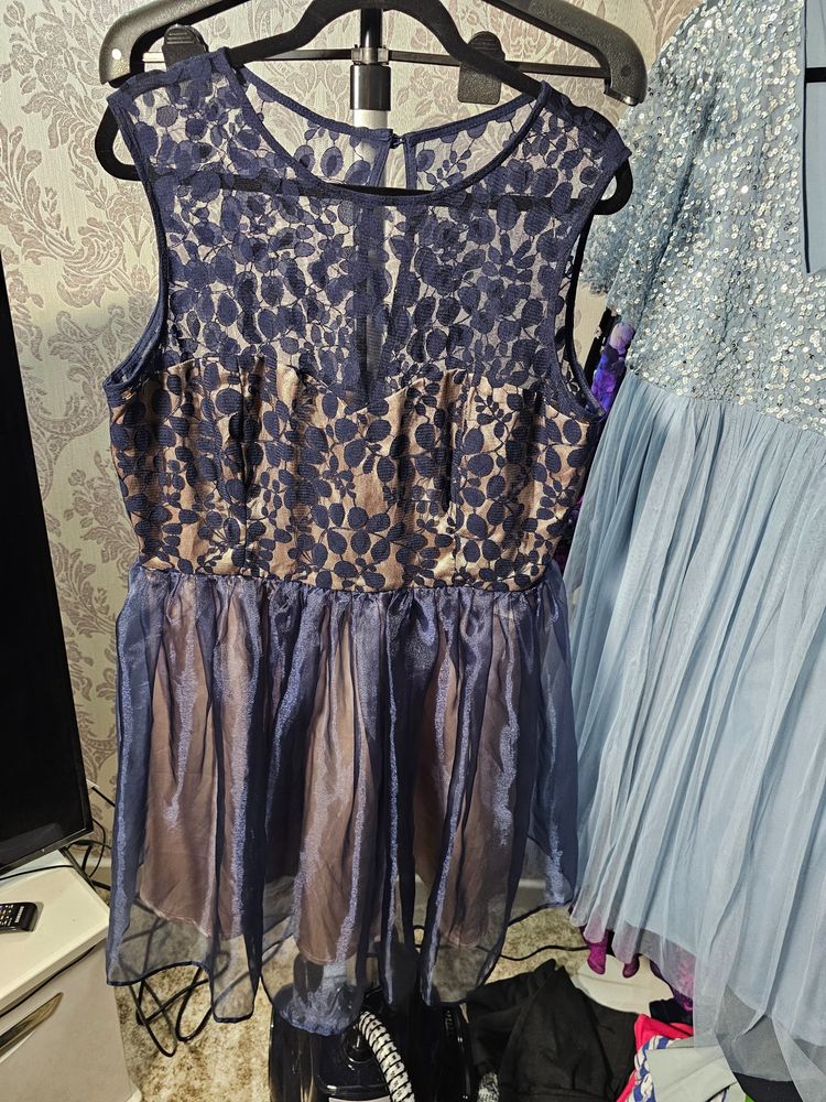 Other Blue Sleeveless Dress With Floral Lace And Tulle Skirt product image