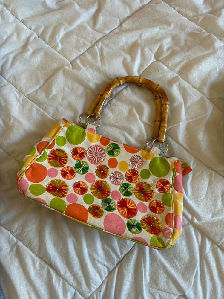 Colorful Polka Dot Handbag With Bamboo Handles