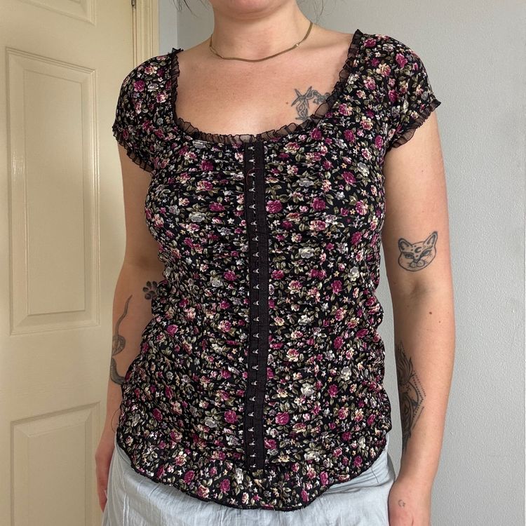 Black Floral Hook-And-Eye Top