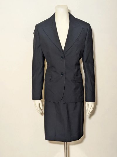 Completo Elegante Giacca e Gonna Blu Scuro Tessil Forniture Misto Lana (Taglia 46)
