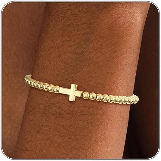 Gold Beaded Bracelet With Cross Charm