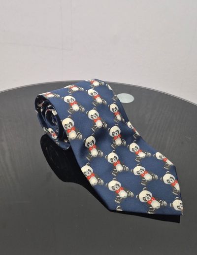 Vintage Tie Rack Havana Panda Bear Navy Blue Novelty Tie 3.5” Width