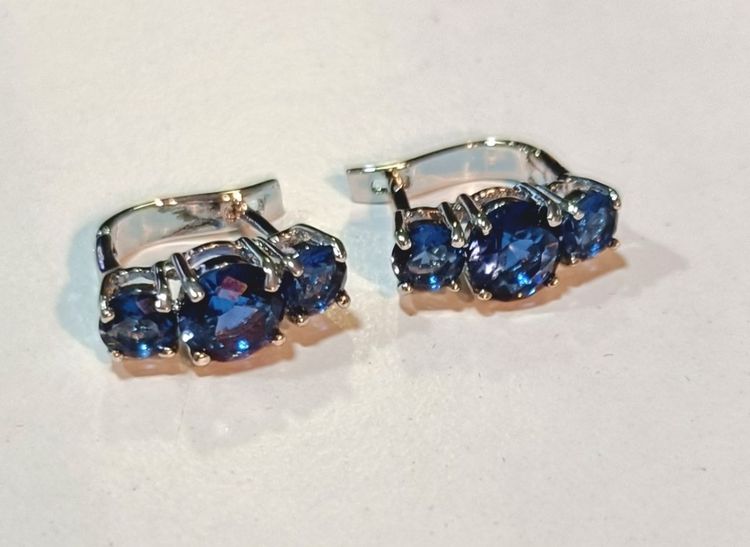 Bella Gone Silver Sapphire-Blue CZ Three-Stone Leverback Earrings product image
