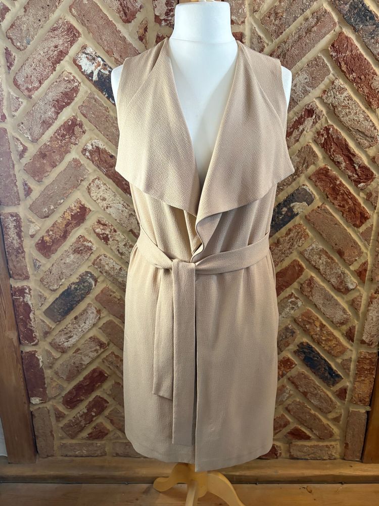 Miss Selfridge Size 10 Beige Camel Longline Waterfall Belted Waistcoat Gilet layer winter autumn