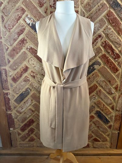 Miss Selfridge Size 10 Beige Camel Longline Waterfall Belted Waistcoat Gilet layer winter autumn