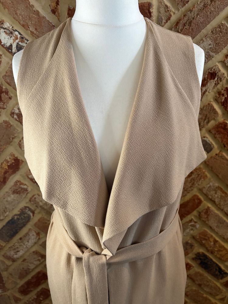 Miss Selfridge Size 10 Beige Camel Longline Waterfall Belted Waistcoat Gilet layer winter autumn imagen 3