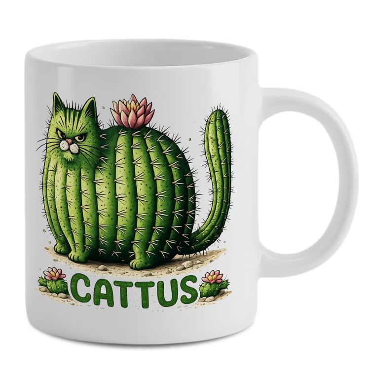 Funny CATTUS Cactus Cat Ceramic Coffee Mug – Cute Prickly Kitty Plant Pun Novelty Cup (M1063) image 1