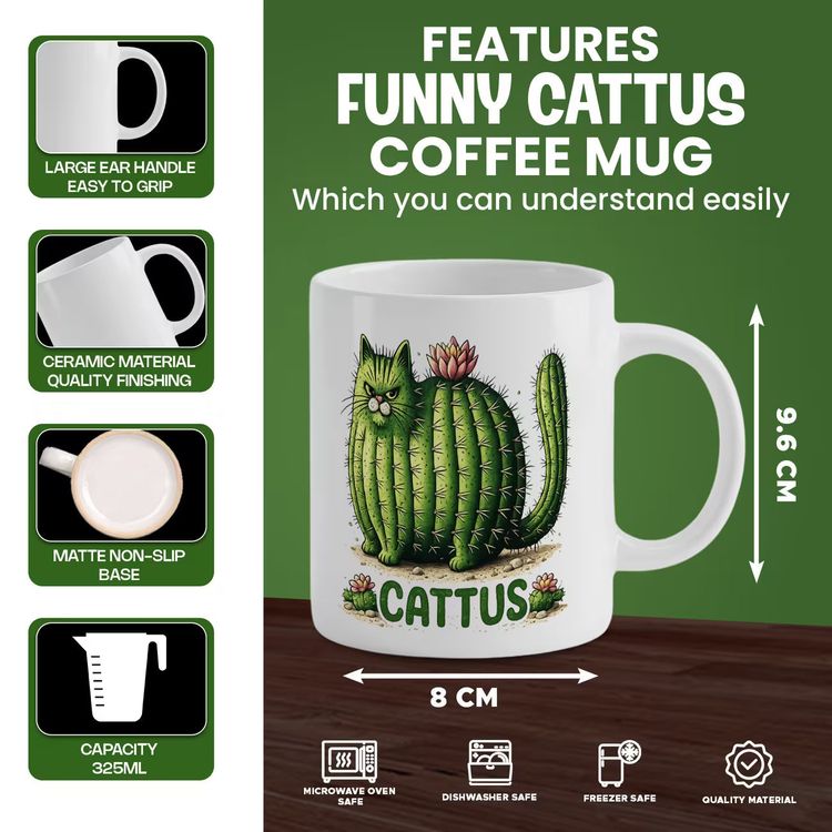 Funny CATTUS Cactus Cat Ceramic Coffee Mug – Cute Prickly Kitty Plant Pun Novelty Cup (M1063) image 4