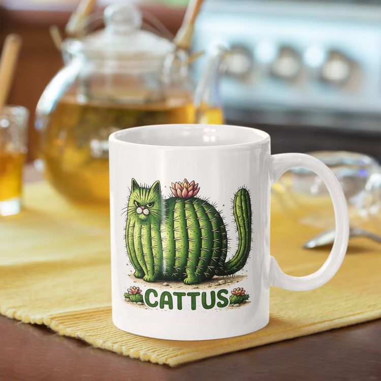 Funny CATTUS Cactus Cat Ceramic Coffee Mug – Cute Prickly Kitty Plant Pun Novelty Cup (M1063) image 5