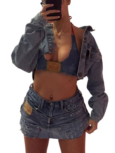 Cropped Distressed Denim Jacket 5