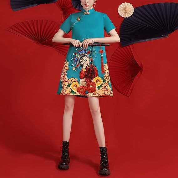 Blue Short-Sleeve Dress With Cartoon Floral Print image 1
