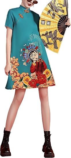 Blue Short-Sleeve Dress With Cartoon Floral Print image 3