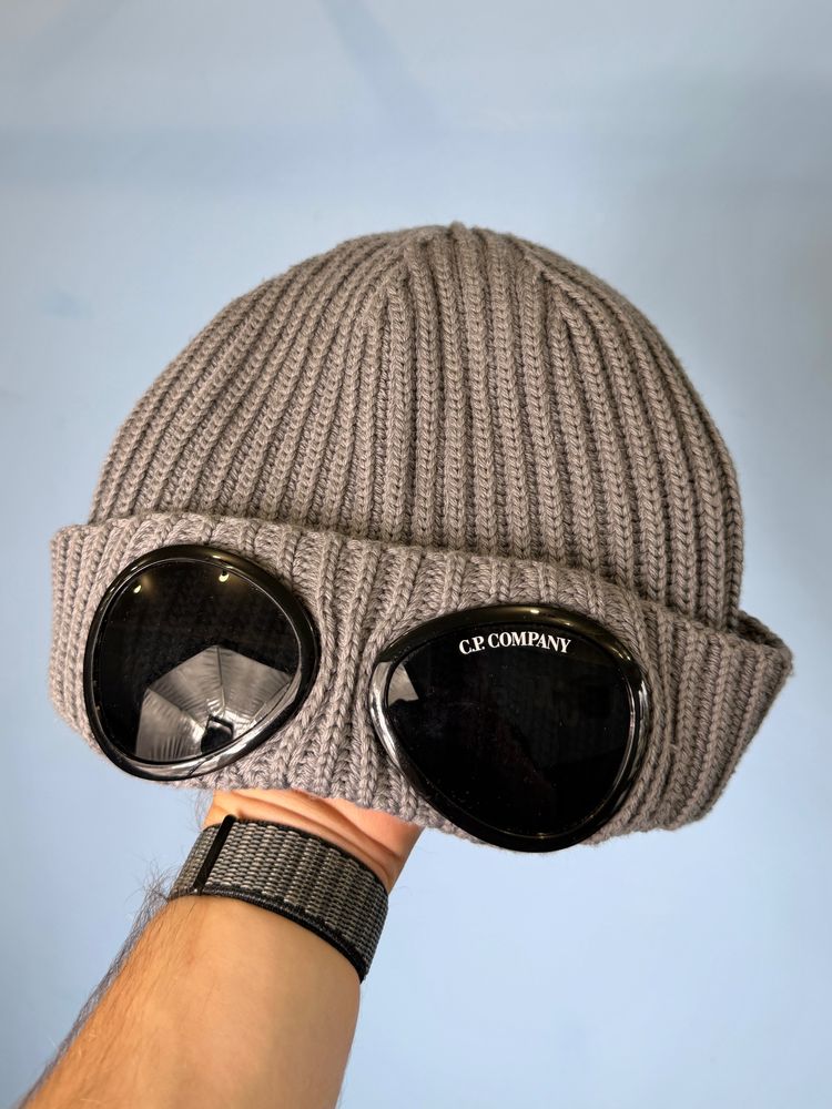 One Size C.P. Company Grey Goggle Ribbed Beanie Hat image 1