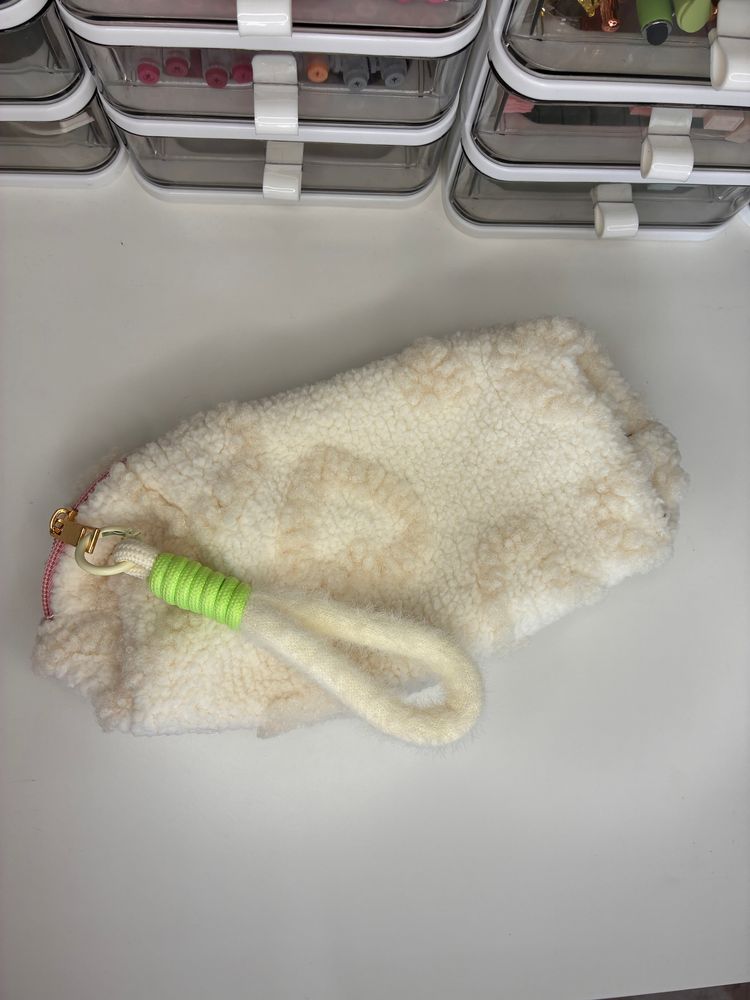 Cream Cream Sherpa Wristlet Bag With Green Accent product image