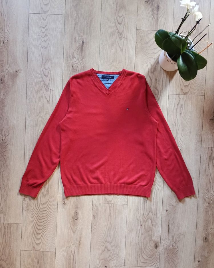 Tommy Hilfiger Sweter V-neck Czerwony M flaga logo klasyk