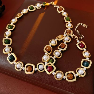 Multicolor Stone And Pearl Necklace And Bracelet Set