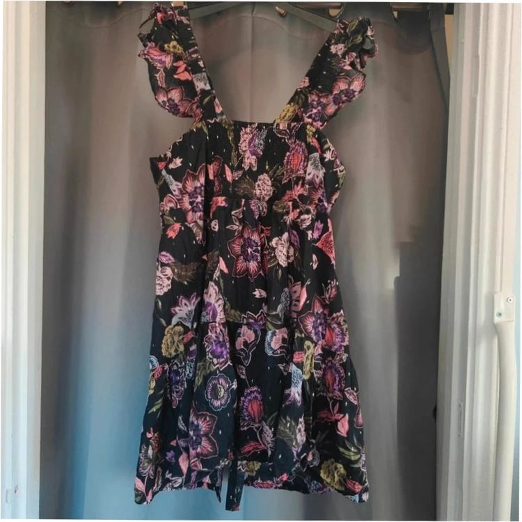 Immagine di Next Floral Smock Dress UK 12 Black Gold Lurex Ruffle Sleeve Summer Boho 1