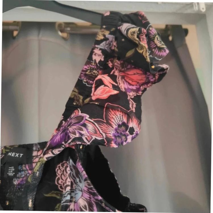 Immagine di Next Floral Smock Dress UK 12 Black Gold Lurex Ruffle Sleeve Summer Boho 5